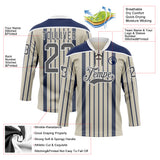 Custom Cream Steel Gray Navy-White 3D Pattern Design Stripe Hockey Lace Neck Jersey