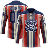 Custom Red Navy Cream-White 3D Pattern Design Stripe Hockey Lace Neck Jersey
