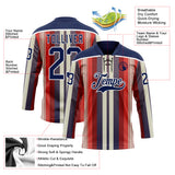 Custom Red Navy Cream-White 3D Pattern Design Stripe Hockey Lace Neck Jersey
