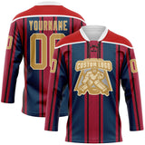 Custom Red Old Gold Navy White-Cream 3D Pattern Design Stripe Hockey Lace Neck Jersey
