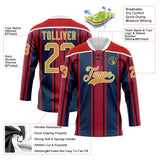 Custom Red Old Gold Navy White-Cream 3D Pattern Design Stripe Hockey Lace Neck Jersey