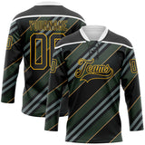 Custom Black Gold-White 3D Pattern Design Stripe Hockey Lace Neck Jersey