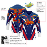 Custom US Navy Blue Red Yellow-White 3D Abstract Pattern Graphic Cyber Mecha E-sport Hockey Lace Neck Jersey