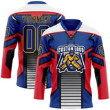 Custom Blue Navy Red Black Yellow-White 3D Abstract Pattern Graphic Cyber Mecha E-sport Hockey Lace Neck Jersey