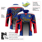 Custom Blue Navy Red Black Yellow-White 3D Abstract Pattern Graphic Cyber Mecha E-sport Hockey Lace Neck Jersey