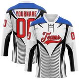 Custom White Fire Red Thunder Blue-Black 3D Abstract Pattern Graphic Cyber Mecha E-sport Hockey Lace Neck Jersey