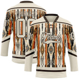 Custom Cream Brown Orange-Black 3D Pattern Tribal Indigenous Grunge Splash Hockey Lace Neck Jersey