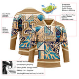 Custom Old Gold Blue-Cream 3D Pattern Tribal Indigenous Grunge Geometric Splash Hockey Lace Neck Jersey
