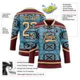 Custom Blue Vegas Gold Burgundy-Brown 3D Pattern Tribal Indigenous Grunge Splash Hockey Lace Neck Jersey