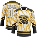 Custom White Gold-Black 3D Pattern Abstract Boston Inspired Fluid Hockey Lace Neck Jersey