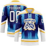 Custom White Blue Gold-Black 3D Pattern Abstract Buffalo Inspired Stripe Hockey Lace Neck Jersey