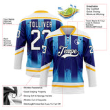Custom White Blue Gold-Black 3D Pattern Abstract Buffalo Inspired Stripe Hockey Lace Neck Jersey