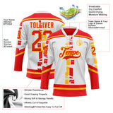 Custom White Fire Red-Gold 3D Pattern Abstract Calgary Inspired Grunge Stripe Hockey Lace Neck Jersey