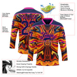 Custom Navy Yellow-Deep Pink 3D Pattern Trippy Psychedelic Fluid Hockey Lace Neck Jersey