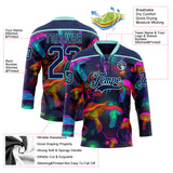 Custom Navy Ice Blue Yellow-Pink 3D Pattern Trippy Psychedelic Magic Mushrooms Hockey Lace Neck Jersey