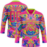 Custom Hot Pink Neon Green Yellow-Blue 3D Pattern Trippy Psychedelic Neon Hockey Lace Neck Jersey