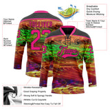 Custom Black Hot Pink Yellow-Green 3D Pattern Trippy Psychedelic Hockey Lace Neck Jersey