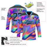 Custom Black Sky Blue Yellow-Green 3D Pattern Trippy Psychedelic Neon Trendy Holographic Vaporwave Style Hockey Lace Neck Jersey