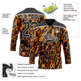 Custom Orange Black-White 3D Pattern Leopard Print Hockey Lace Neck Jersey
