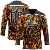 Custom Orange Black-White 3D Pattern Leopard Print Hockey Lace Neck Jersey
