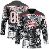 Custom Black White-Red 3D Pattern Snake Skin Print Hockey Lace Neck Jersey