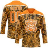 Custom Bay Orange Black-White 3D Pattern Snake Skin Print Hockey Lace Neck Jersey