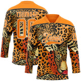 Custom Bay Orange Black-White 3D Pattern Leopard Print Hockey Lace Neck Jersey