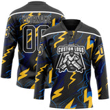 Custom Black Yellow Blue-White 3D Pattern Lightning Hockey Lace Neck Jersey