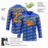 Custom Thunder Blue Gold-Red 3D Pattern Lightning Hockey Lace Neck Jersey