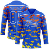 Custom Thunder Blue Red Yellow-White 3D Pattern Lightning Hockey Lace Neck Jersey