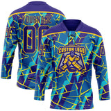 Custom Blue Dark Purple-Yellow 3D Pattern Lightning Hockey Lace Neck Jersey