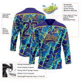 Custom Blue Dark Purple-Yellow 3D Pattern Lightning Hockey Lace Neck Jersey