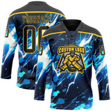 Custom Black Blue Yellow-White 3D Pattern Lightning Hockey Lace Neck Jersey