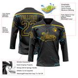 Custom Black Blue-Yellow 3D Pattern Lightning Hockey Lace Neck Jersey
