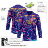 Custom Dark Purple Pink Blue-Yellow 3D Pattern Lightning Hockey Lace Neck Jersey