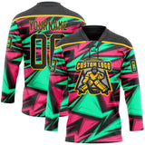 Custom Black Green Pink-Yellow 3D Pattern Lightning Hockey Lace Neck Jersey