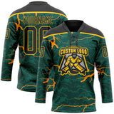 Custom Green Black Orange-Yellow 3D Pattern Lightning Hockey Lace Neck Jersey