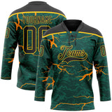 Custom Green Black Orange-Yellow 3D Pattern Lightning Hockey Lace Neck Jersey