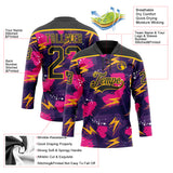 Custom Purple Black Pink-Yellow 3D Pattern Lightning Hockey Lace Neck Jersey