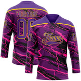 Custom Purple Black Pink-Yellow 3D Pattern Lightning Hockey Lace Neck Jersey