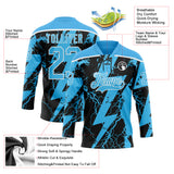 Custom Sky Blue Black-White 3D Pattern Lightning Hockey Lace Neck Jersey
