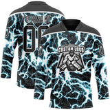 Custom Black Blue-White 3D Pattern Lightning Hockey Lace Neck Jersey