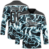 Custom Black Blue-White 3D Pattern Lightning Hockey Lace Neck Jersey