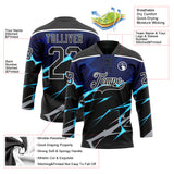 Custom Black Blue Gray-White 3D Pattern Lightning Hockey Lace Neck Jersey