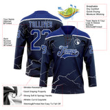 Custom Navy Royal-White 3D Pattern Lightning Hockey Lace Neck Jersey