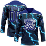Custom Navy Royal Blue-White 3D Pattern Lightning Hockey Lace Neck Jersey