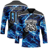Custom Black Blue-White 3D Pattern Lightning Hockey Lace Neck Jersey