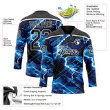 Custom Black Blue-White 3D Pattern Lightning Hockey Lace Neck Jersey