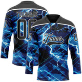 Custom Black Blue-White 3D Pattern Lightning Hockey Lace Neck Jersey