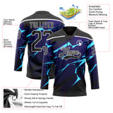 Custom Black Blue-White 3D Pattern Lightning Hockey Lace Neck Jersey